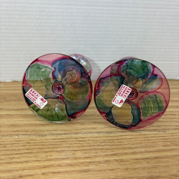 Pair Vintage Deco Art Designs Canada Handcrafted Multi Colour Glass Goblets - Picture 4 of 10